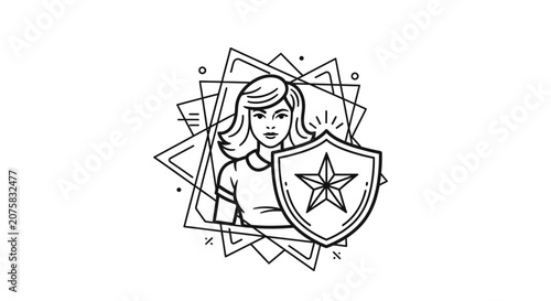 Woman with Shield and Star Emblem, Security and Protection Concept