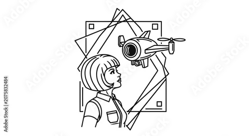 Woman with short bob haircut looking at a drone, geometric shapes background, line art