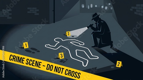 Crime scene investigation with chalk outline and detective.