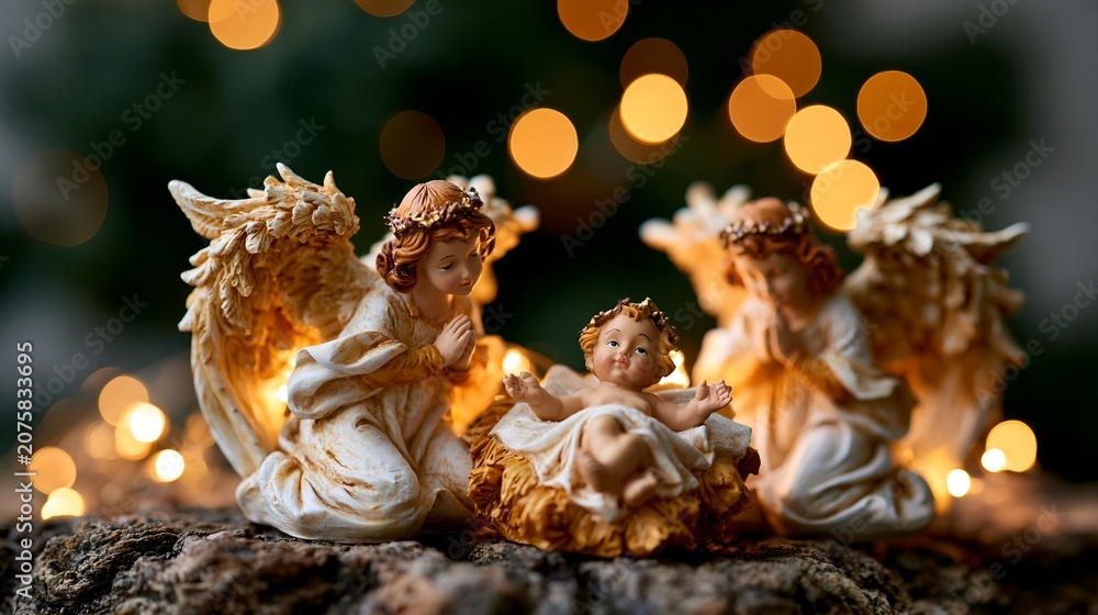 Naklejka premium Nativity scene with angel figurines and baby.