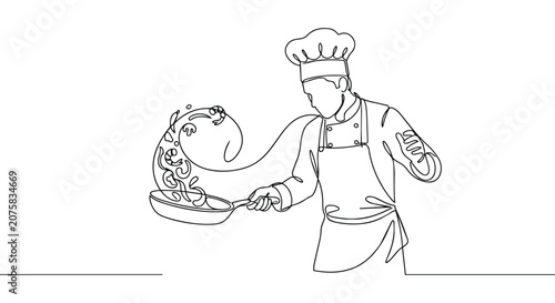 Professional Chef Cooking Delicious Food in Frying Pan Minimalist One Line Drawing Continuous Art Illustration