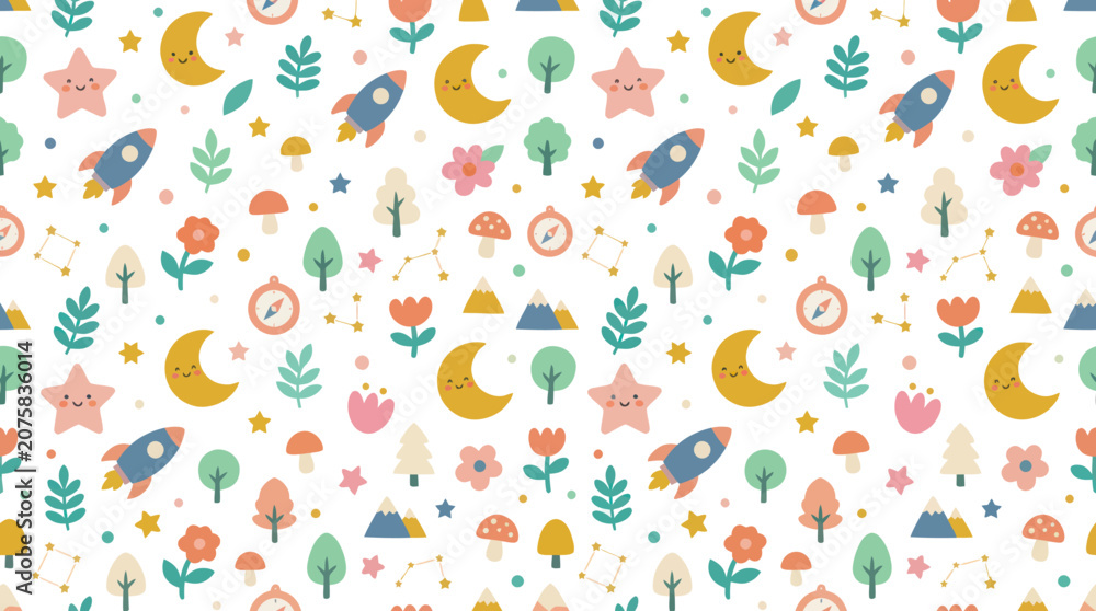 Obraz premium Whimsical Flat Illustration Seamless Pattern for Children featuring Space, Nature, and Adventure Elements
