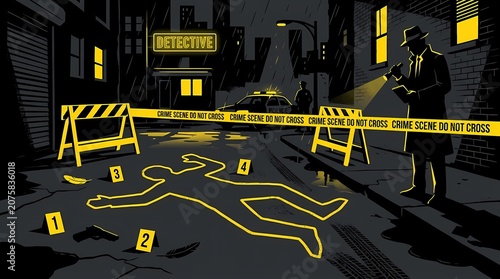 Crime scene investigation illustration with a detective and chalk outline.