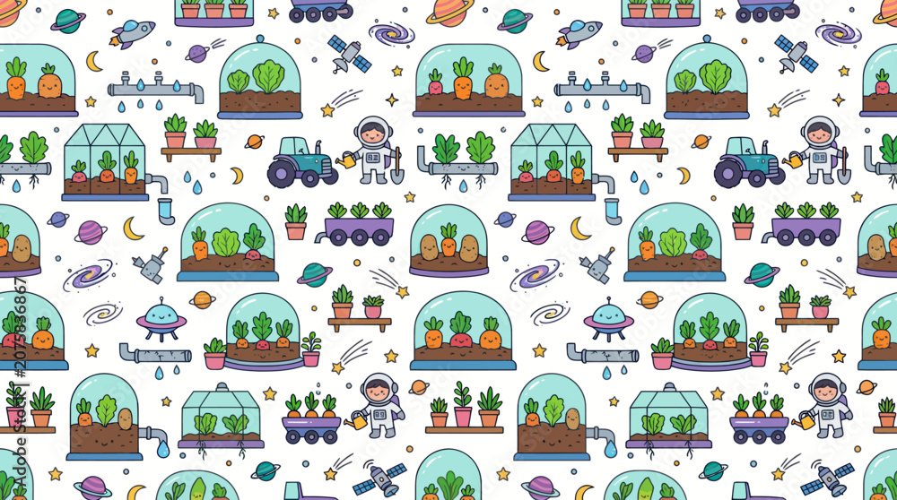 Fototapeta premium Cute Cartoon Space Agriculture Vector Pattern: Future Farming Greenhouses, Astronauts Plants for Sci-Fi Gardening