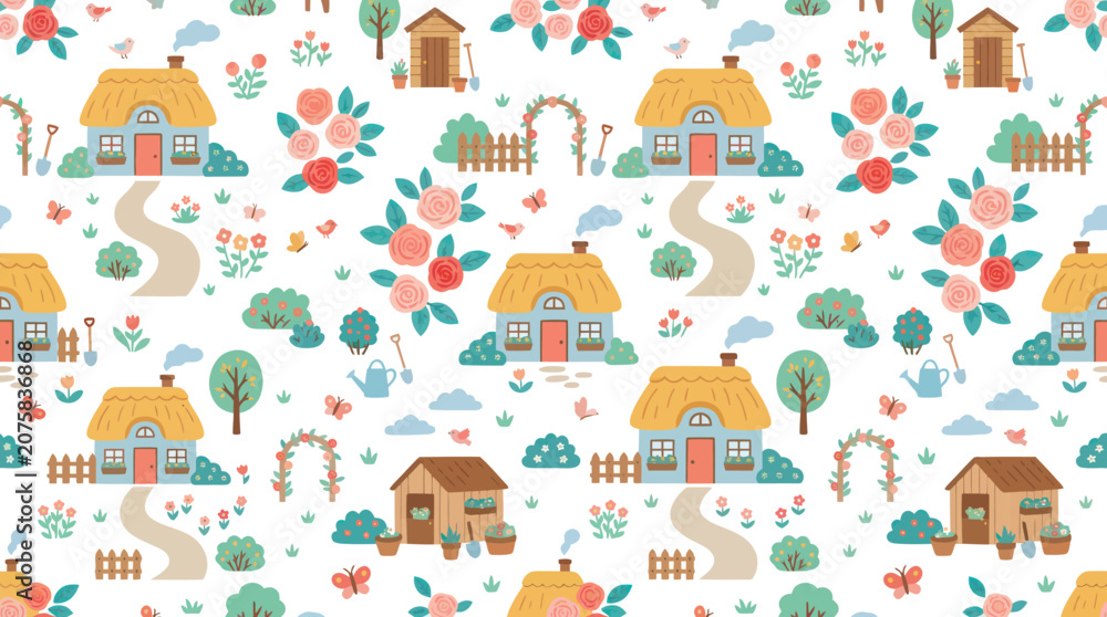 Fototapeta premium Cute Flat Vector Seamless Pattern of Countryside Gardens with Charming Cottages, Flowers Gardening Tools