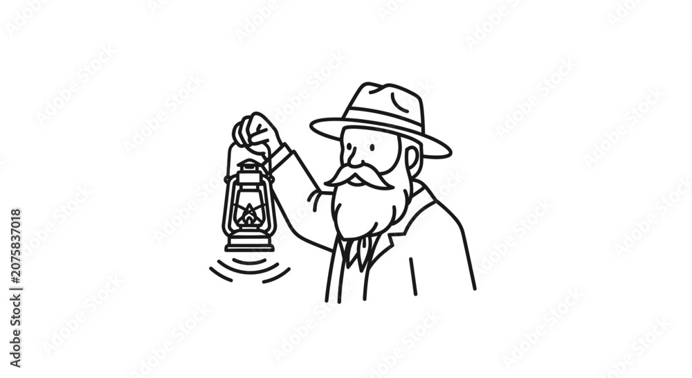 Fototapeta premium Bearded Man in Hat Holding Lantern, Vintage Explorer Style, Line Art Illustration