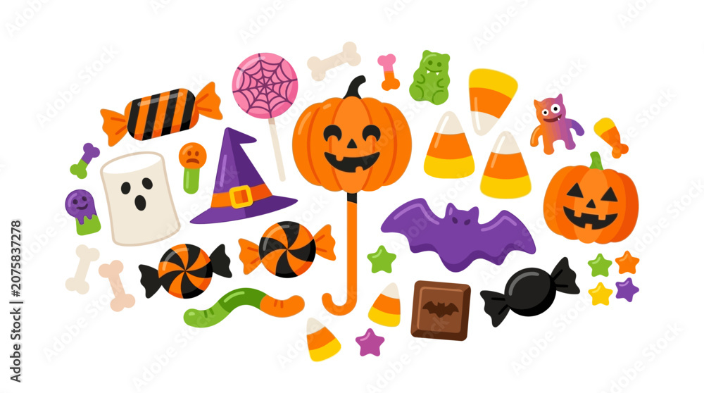 Fototapeta premium Spooky halloweenthemed collection of pumpkins, candy, bats, ghosts, witches hats, stars, and sweets ideal for festive designs and projects.
