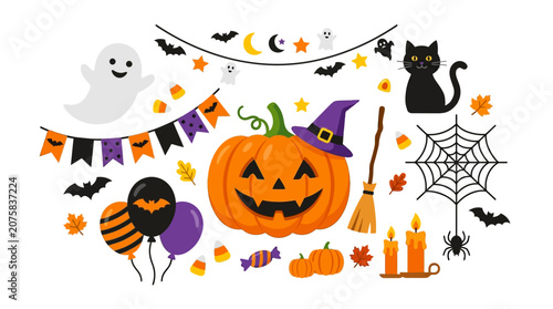 Canvas Print Halloweenthemed collection with jackolantern, ghost, black cat, spider web, broom, balloons, candy, autumn leaves, and decorations