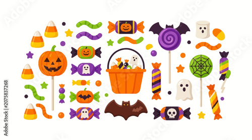 Photos Halloweenthemed novelty candies and sweets in a bucket, perfect for festive social media posts, party invitations, and holiday promotions