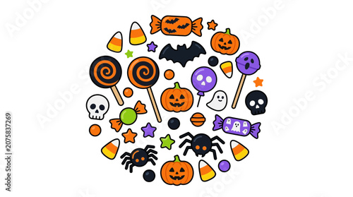 фотографія Pattern featuring halloween elements like candy, pumpkins, bats, skulls, spiders, ghosts, lollipops, stars, and confetti
