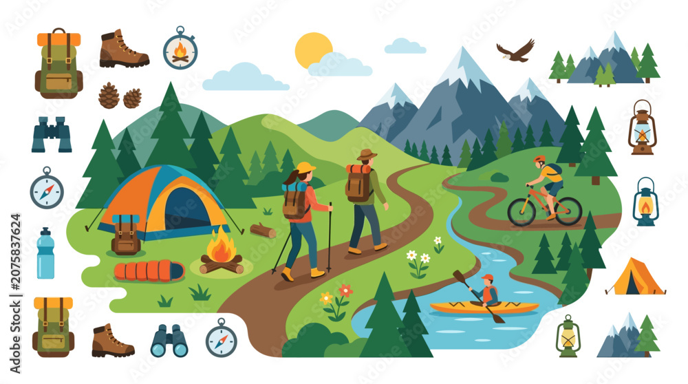 Fototapeta premium Adventurous outdoor scene with mountain forest, camping gear, hikers, bicycle, kayak, campfire, tent, backpacks, boots, binoculars, and compass. Suitable for travel or outdoorthemed designs.