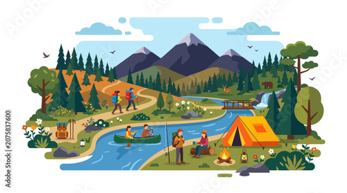 Obraz na plátně Mountainous outdoor recreational activities with canoeing, camping, hiking, wildlife suitable for travel brochures, outdoor adventure websites, and nature magazines