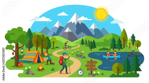 Foto Sunny mountain landscape perfect for marketing outdoor gear, travel, tourism