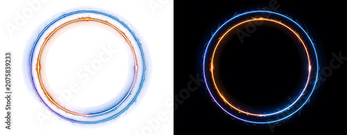 Glowing neon rings on white and black backgrounds.