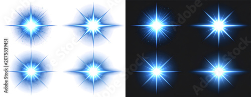 Blue starburst effects on white and black backgrounds.