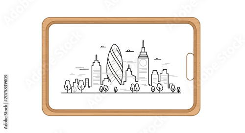 London Skyline Drawing on Serving Tray: Gherkin, Big Ben, City Buildings