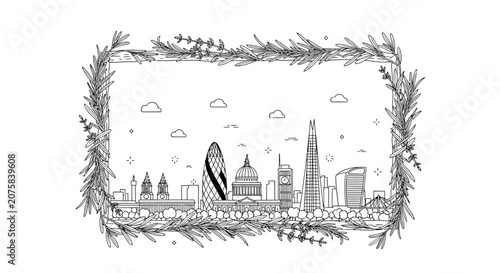 London Skyline Drawing with Floral Frame - Iconic Buildings and Landmarks