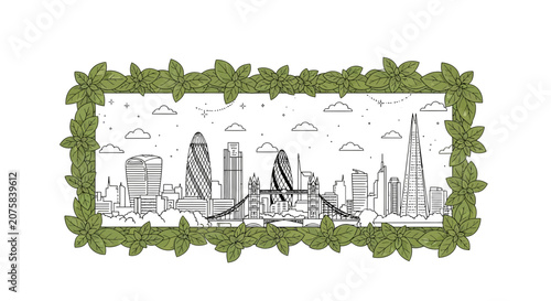 London Skyline Drawing with Green Leaves Border - Iconic Buildings and Modern Architecture