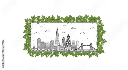 London Skyline Drawing with Green Leaves Border, Eco-Friendly City Concept