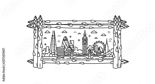 London Skyline Framed by Asparagus, Black and White Line Art