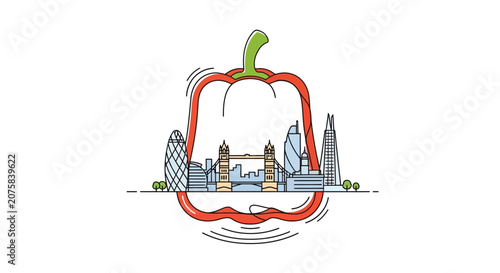 London Skyline Framed by Red Bell Pepper, Iconic Landmarks, Healthy Food Concept
