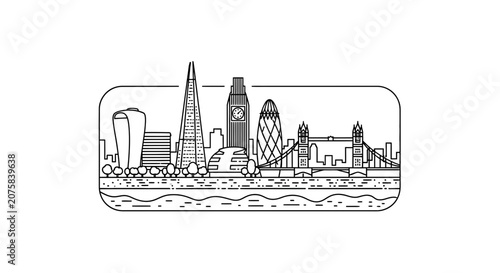 London Skyline Illustration: Iconic Buildings and River Thames in Black and White Line Art