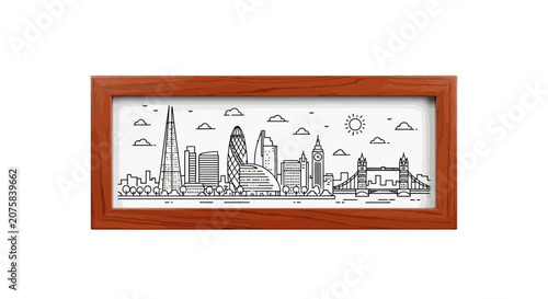 London Skyline Illustration in a Wooden Frame - Iconic Landmarks Sketch