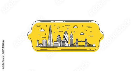 London Skyline Illustration: Iconic Landmarks in Yellow Banner