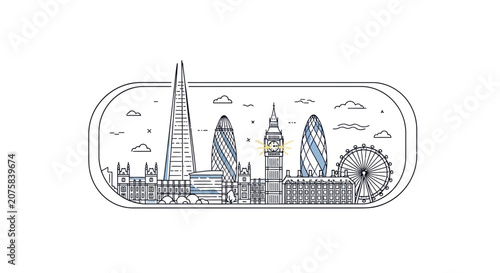 London skyline illustration with famous landmarks, minimalist line art