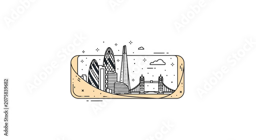 London skyline illustration with iconic buildings and Tower Bridge, minimalist line art.