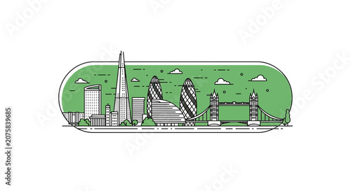 London skyline illustration with famous landmarks, modern architecture, and Tower Bridge