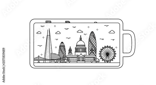 London Skyline in a Battery Outline, Iconic Landmarks, City Energy Concept