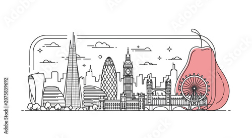 London Skyline Illustration with Iconic Landmarks and Pink Pear