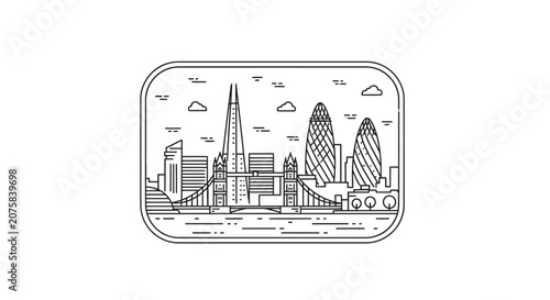 London skyline illustration with iconic landmarks like The Shard and Tower Bridge in a clean line art style.