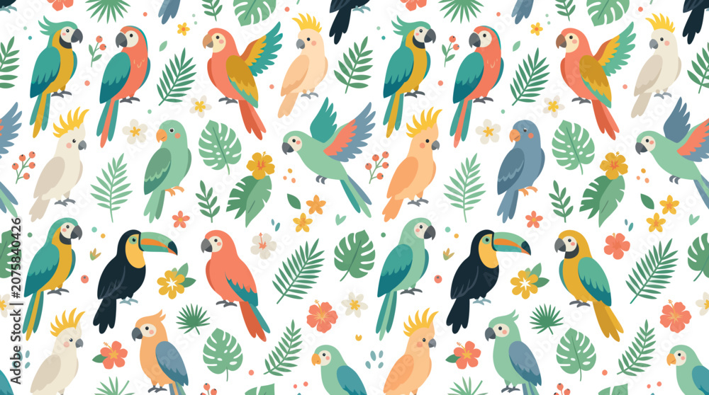 Fototapeta premium Tropical Parrots and Toucans Seamless Pattern, Exotic Birds, Vector Art