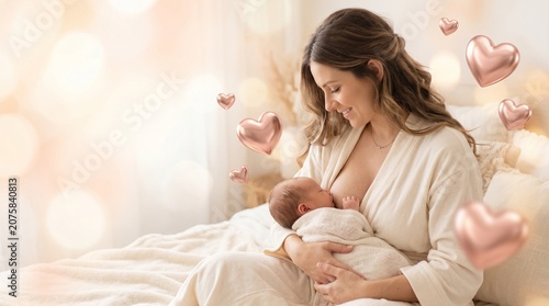 Mother tenderly breastfeeding her newborn baby surrounded by soft bokeh and heart decorations