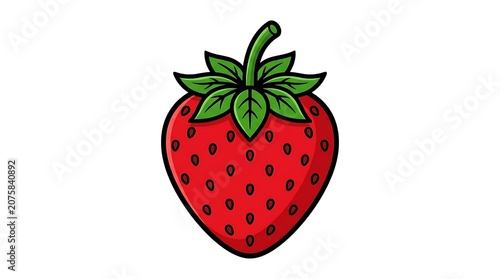 Red strawberry with green leaves and stem.