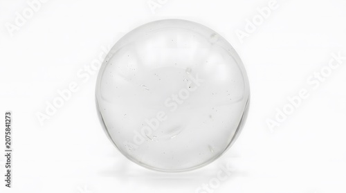 Clear glass sphere with small bubbles inside, isolated on white background.