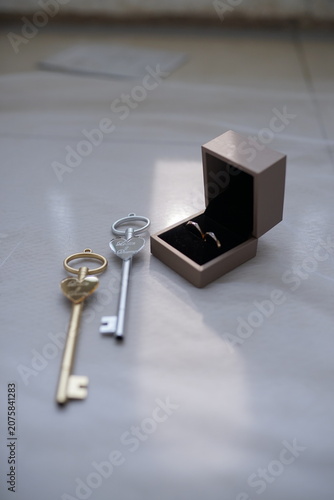 Vintage Keys and Wedding Rings in a Ring Box 