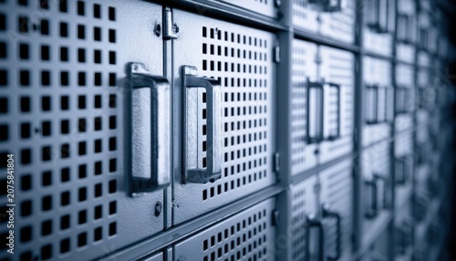 Close up of metal server rack with perforated panels and handles in data center