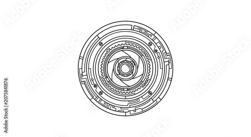 Futuristic Camera Lens Aperture Shutter Technical Outline Illustration for Digital Technology Design Projects