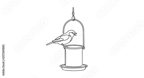 Artistic Simple Line Drawing of a Garden Bird Perched on a Hanging Feeder Isolated on White Background