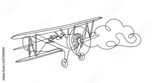 Continuous One Line Drawing of a Vintage Biplane Flying Through Clouds Minimalist Retro Aviation Art Illustration