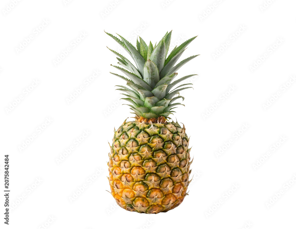 Fototapeta premium Whole Ripe Pineapple with Green Tuft Isolated
