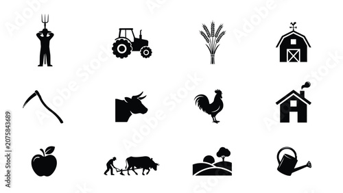 Modern flat vector iconset showcasing traditional farming life and agricultural tools in black