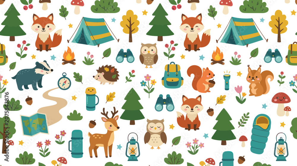 Fototapeta premium Cute Cartoon Forest Animals and Camping Gear Seamless Pattern - Outdoor Adventure and Nature Flat Design