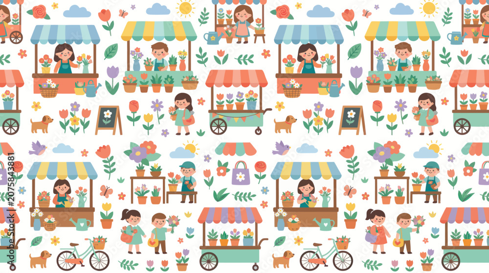 Naklejka premium Flat Illustration Spring Flower and Gardening Market Pattern with Happy Kids and Stalls Vector
