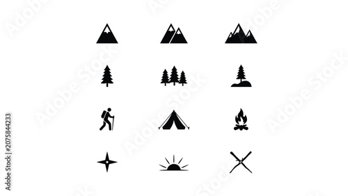 Minimalist camping adventure iconset showcasing hiking tents fire and nature symbols in sleek black silhouette style
