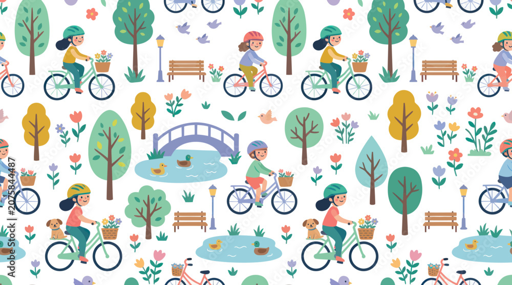 Naklejka premium Cute Flat Vector Seamless Pattern of Happy People Cycling in Park. Kids Outdoor Lifestyle and Recreation.