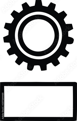 Black gear icon above empty rectangle for text overlay during industrial concept development on white background